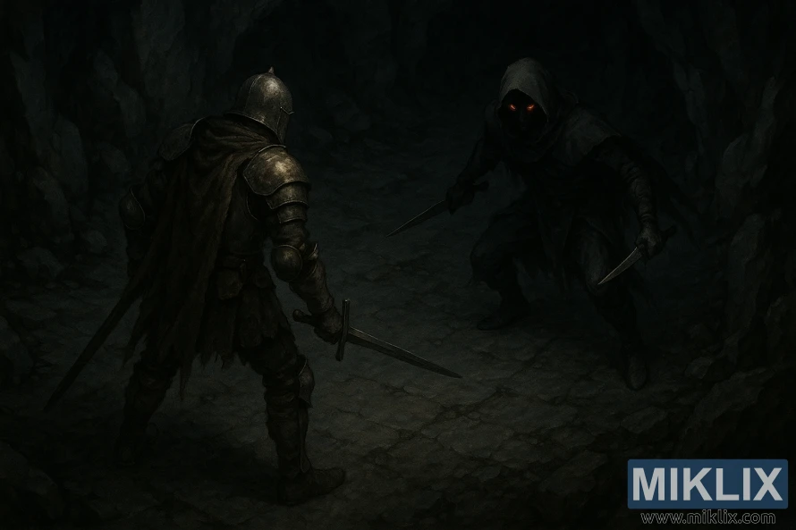Realistic dark fantasy view of the Tarnished with a sword facing a dual-dagger Black Knife Assassin in a shadowy cave. Realistic dark fantasy view of the Tarnished with a sword facing a dual-dagger Black Knife Assassin in a shadowy cave.