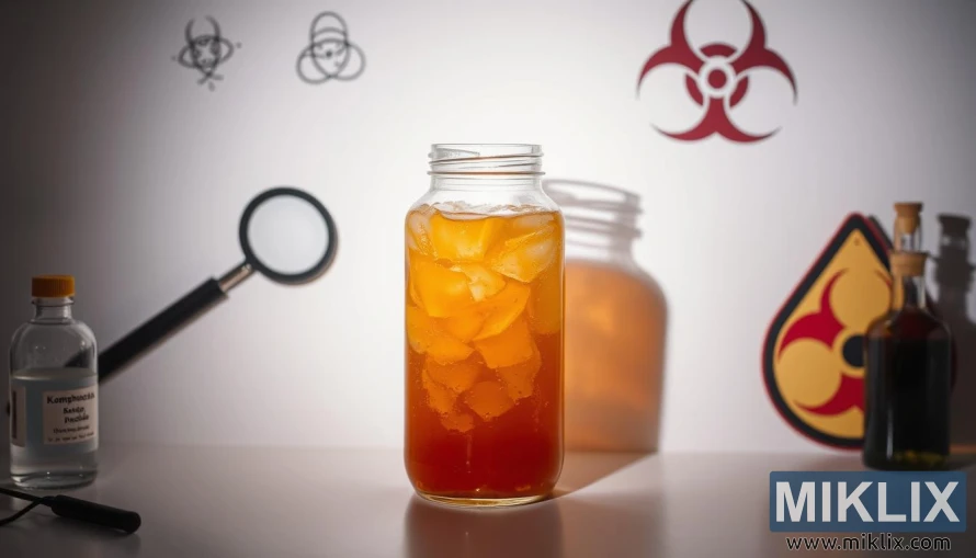 Pot de vidre de kombucha ambre efervescent amb símbols de precaució com verí, risc biològic i lupa sobre fons blanc. Pot de vidre de kombucha ambre efervescent amb símbols de precaució com verí, risc biològic i lupa sobre fons blanc.