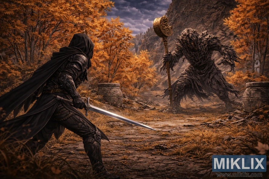 Anime-stiilis Elden Ringi fännikunst, mis näitab vasakul asuvat Tarnishedit laia vaadet, mõõk on suunatud Erdtree avatari poole Liurnia sügiseste varemete keskel.