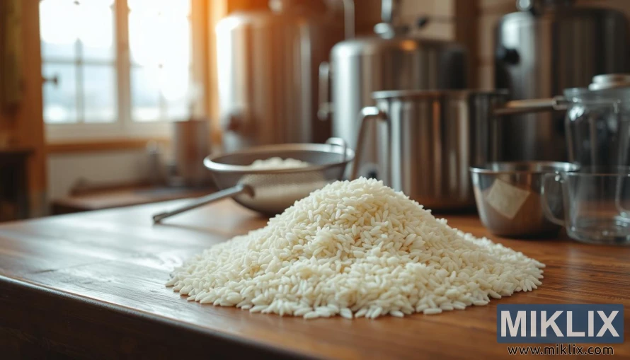 Skål med ukokt ris på et trebord med bryggeredskaper og mykt naturlig lys.