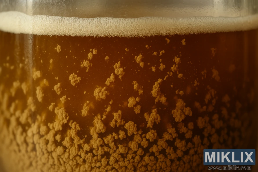 Evdə dəmlənmiş Britaniya pivəsində maya flokulyasiyasını göstərən şüşə fermentasiya qabının makro fotoşəkli.