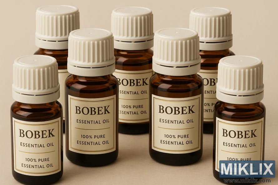 Një rregullim simetrik nga afër i shisheve të vajit esencial Bobek prej qelqi në ngjyrë qelibar me kapakë ngjyrë kremi dhe etiketa elegante, të ndriçuara butësisht në një sfond neutral.