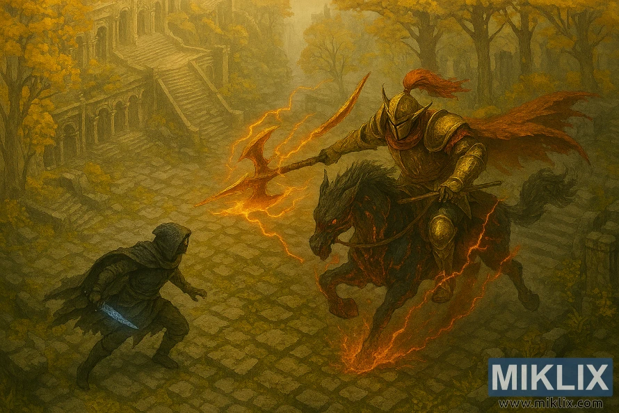 ध्वस्त शहरमा हाल्बर्ड सहितको टार्निश्ड बनाम ड्र्याकोनिक ट्री सेन्टिनेल देखाउने एनिमे-शैलीको एल्डेन रिङ फ्यान आर्ट