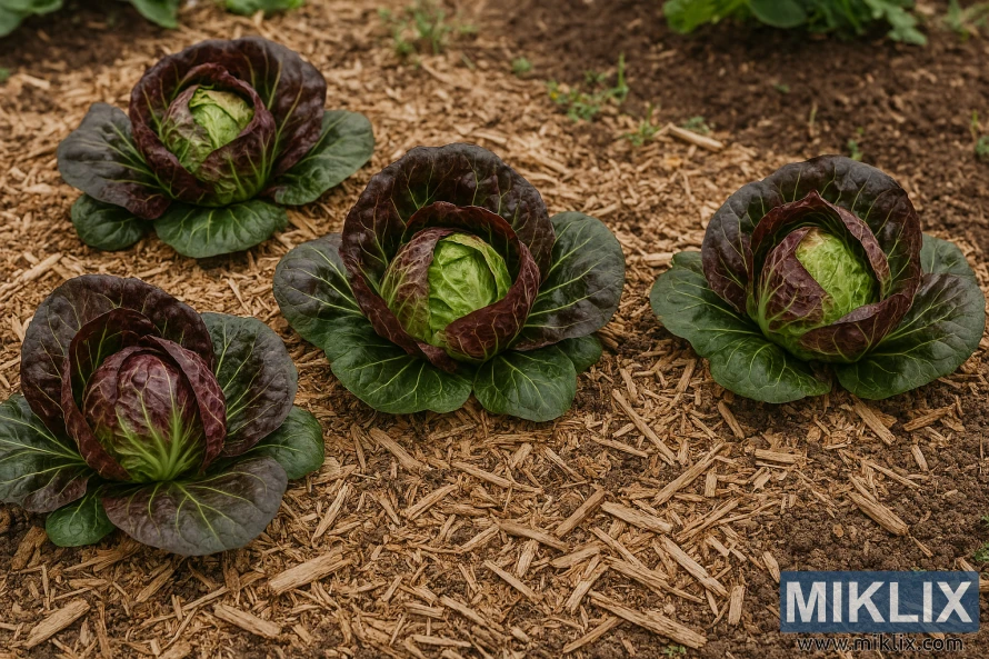 Four radicchio plants growing in a mulched garden bed with straw and wood chips