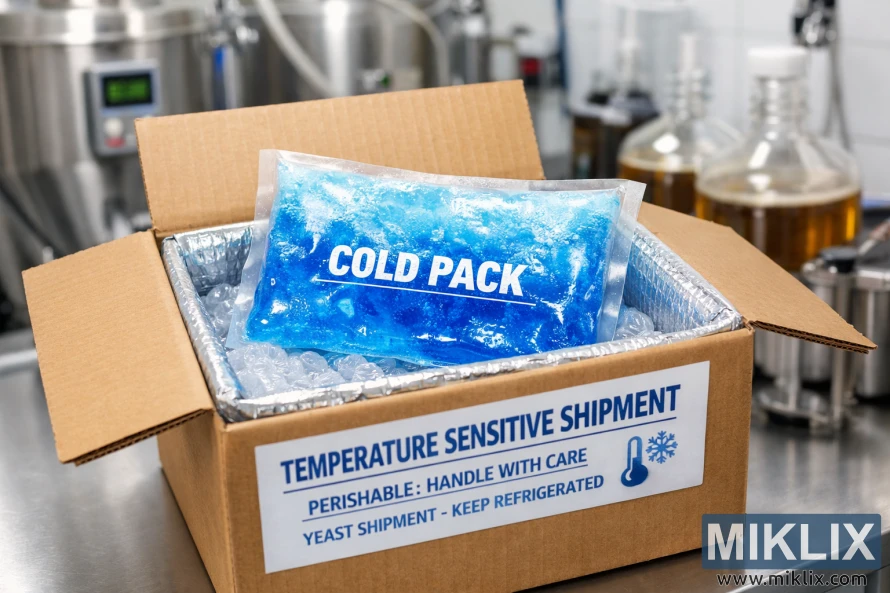 Insulated shipping box with a blue gel cold pack labeled for temperature-sensitive yeast, set in a clean fermentation laboratory. Insulated shipping box with a blue gel cold pack labeled for temperature-sensitive yeast, set in a clean fermentation laboratory.