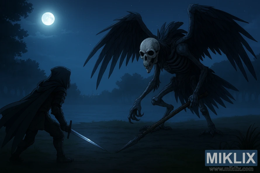 ചന്ദ്രപ്രകാശത്തിൽ വടിയുമായി നിൽക്കുന്ന അസ്ഥികൂടമായ ഡെത്ത്ബേർഡിനെ നേരിടുന്ന ടാർണിഷ്ഡ് ഇൻ ബ്ലാക്ക് നൈഫ് കവചത്തിന്റെ ആനിമേഷൻ ശൈലിയിലുള്ള ഫാൻ ആർട്ട്.