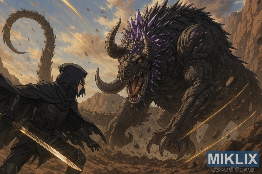 Anime-style fan art of the Tarnished battling the Full-Grown Fallingstar Beast in Elden Ring