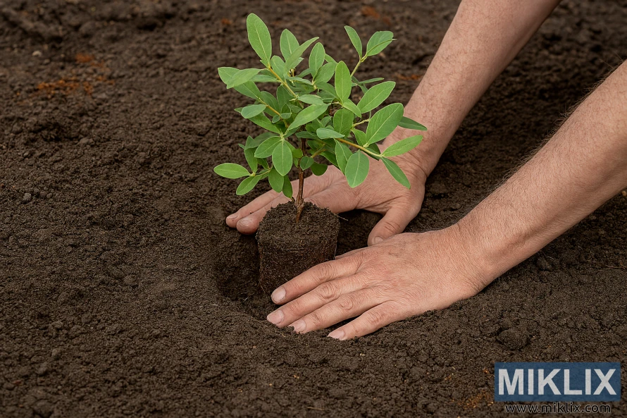 Close-up of gardener’s hands planting a honeyberry bush at proper depth in dark, tilled soil. Close-up of gardener’s hands planting a honeyberry bush at proper depth in dark, tilled soil.