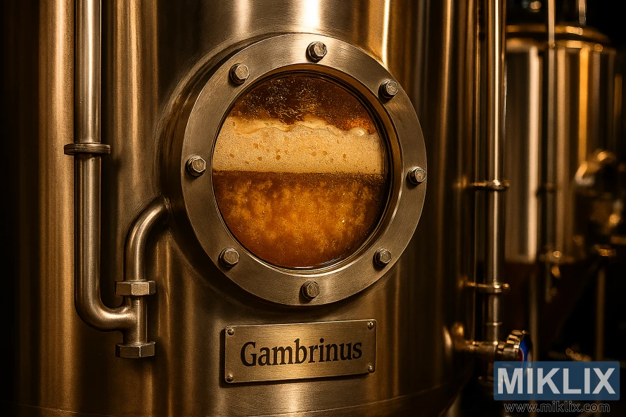 Nerezová fermentační nádrž s průzorem ukazujícím aktivně kvasící pivo typu Gambrinus