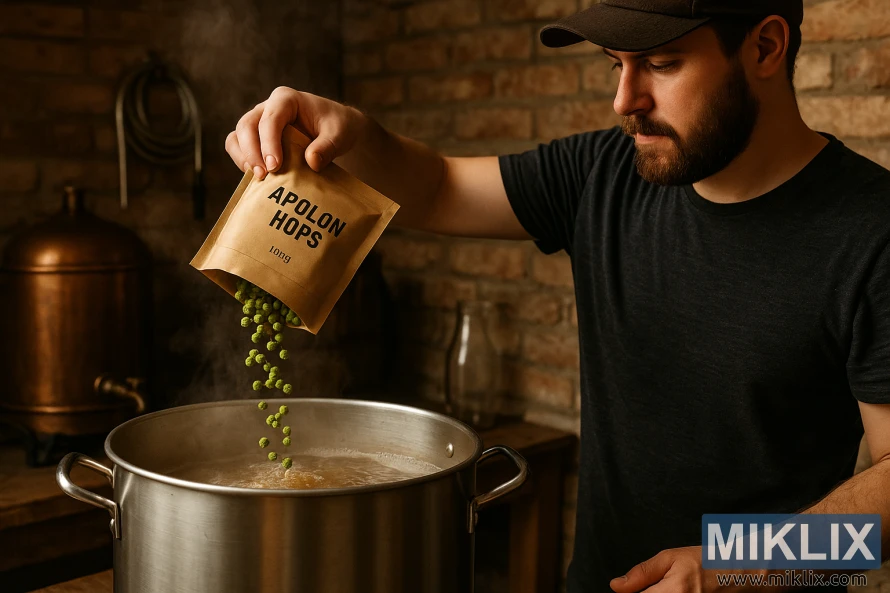 Um cervejeiro caseiro, em um ambiente rústico, despeja lúpulo Apolon em uma panela de aço inoxidável fumegante.