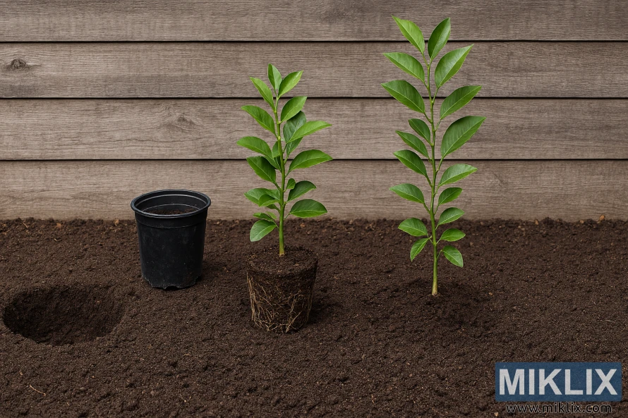 Four stages of planting a lime tree showing hole preparation, root ball placement, and soil backfill
