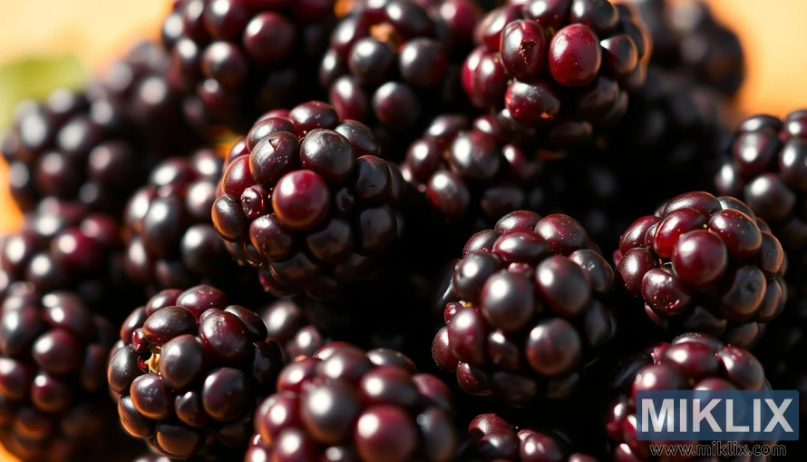 Close-up buah blackberry yang baru dipetik dengan rona ungu tua dalam cahaya alami yang lembut.
