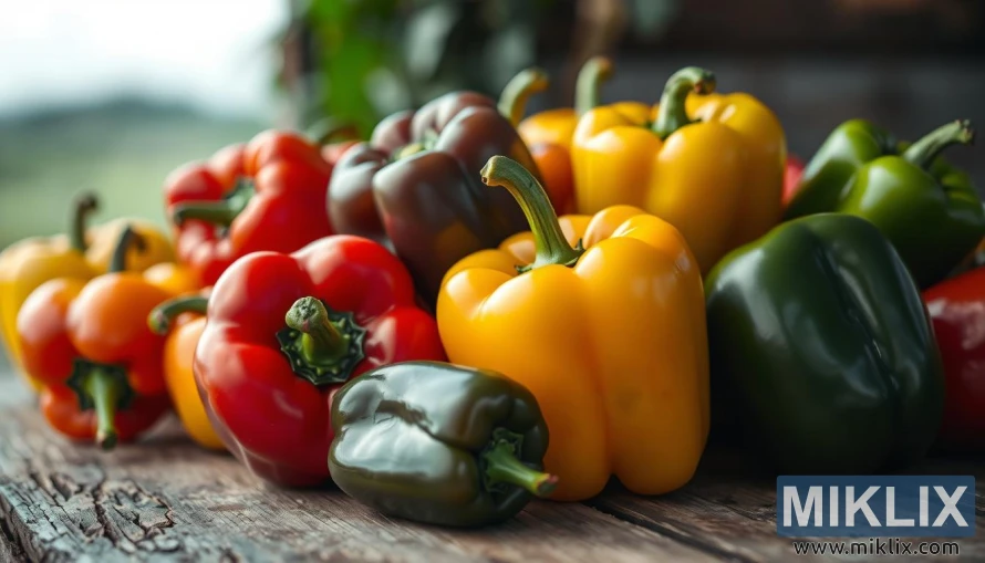 Frisch gepflückte rote, gelbe und grüne Paprika auf einem rustikalen Holztisch unter sanftem, diffusem Licht. Frisch gepflückte rote, gelbe und grüne Paprika auf einem rustikalen Holztisch unter sanftem, diffusem Licht.