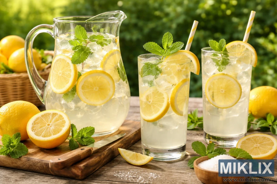 Bình và ly đựng nước chanh tự làm với đá, lát chanh và bạc hà được đặt trên một chiếc bàn gỗ mộc mạc ngoài trời.