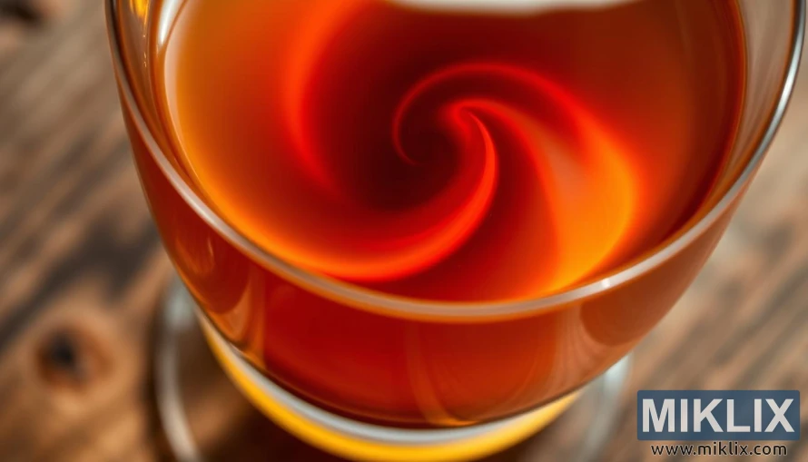 Krupni plan čaše s tamno jantarnom tekućinom na rustikalnom drvu u toplom, mekom osvjetljenju.