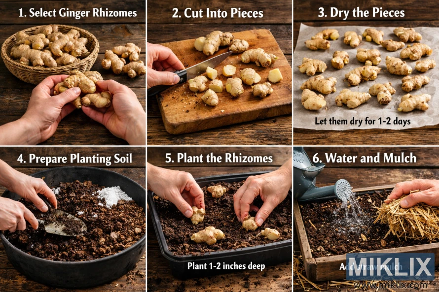 అల్లం ఎంచుకోవడం మరియు కోయడం నుండి ఎండబెట్టడం, నాటడం, నీరు పెట్టడం మరియు కప్పడం వరకు నాటడానికి అల్లం రైజోమ్‌లను ఎలా సిద్ధం చేయాలో చూపించే ఆరు ప్యానెల్ ఫోటోగ్రాఫిక్ గైడ్.
