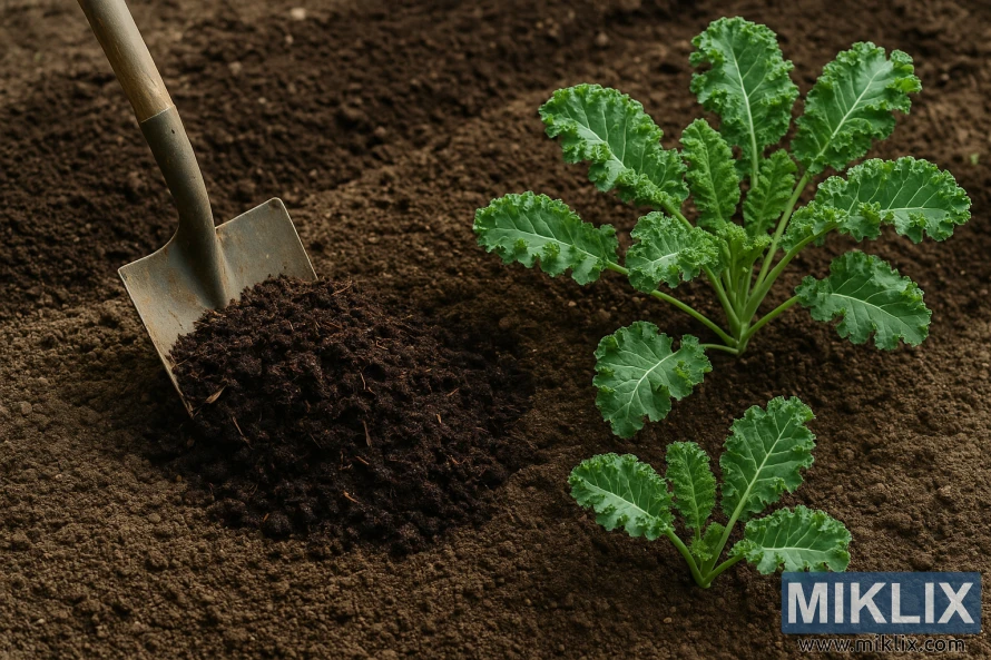 Close-up of dark compost being mixed into well-prepared garden soil beside healthy young kale plants under soft natural light.