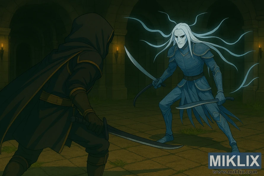 Anime-style fan art of Tarnished in Black Knife armor facing Ancient Hero of Zamor in a spectral grave