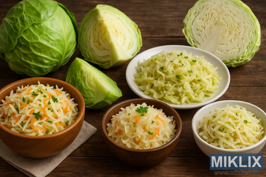 Zdjele salate od kupusa i kiselog kupusa okružene svježim kupusom na drvenom stolu Zdjele salate od kupusa i kiselog kupusa okružene svježim kupusom na drvenom stolu