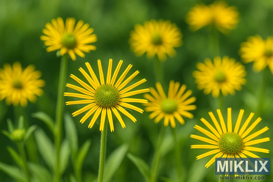 Close-up of Rudbeckia ‘Henry Eilers’ showing unique quilled yellow petals and green centers in bright summer sunlight. Close-up of Rudbeckia ‘Henry Eilers’ showing unique quilled yellow petals and green centers in bright summer sunlight.
