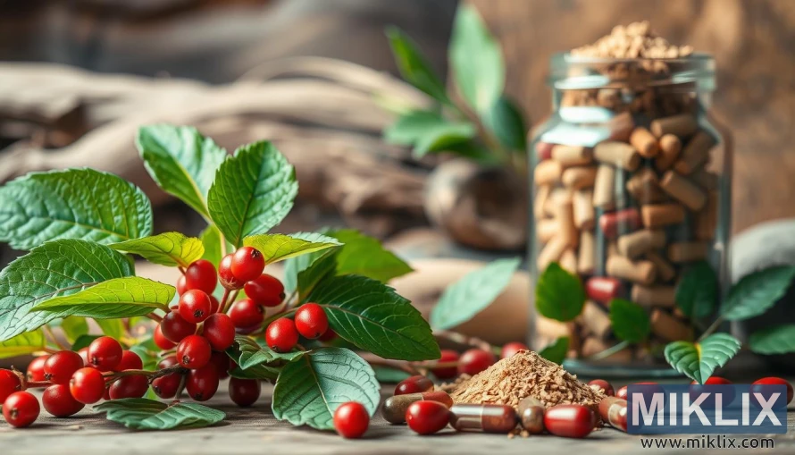 Rastlina ginsenga z zelenimi listi, rdečimi jagodami in kozarcem prehranskih dopolnil z ginsengom. Rastlina ginsenga z zelenimi listi, rdečimi jagodami in kozarcem prehranskih dopolnil z ginsengom.