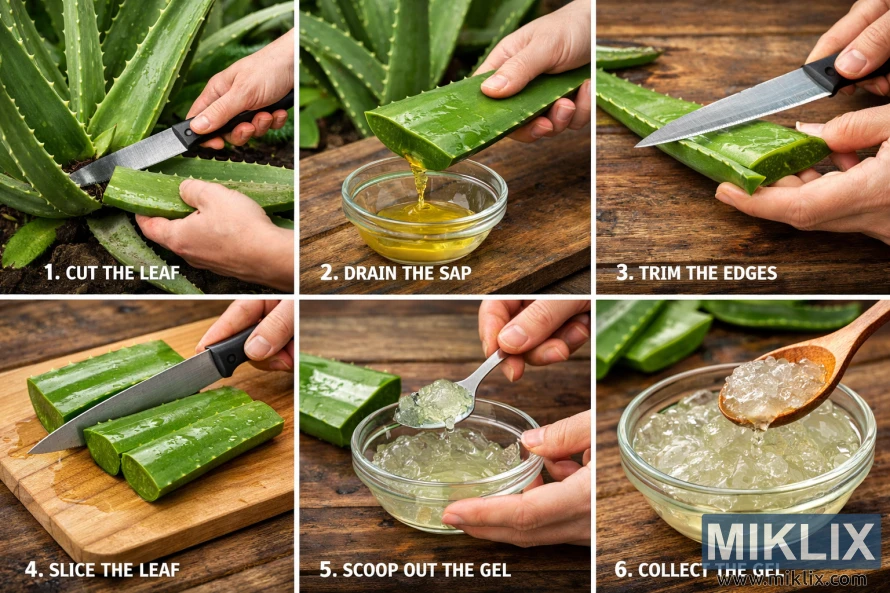 Six-step photo collage showing how to harvest aloe vera gel, from cutting the leaf and draining sap to trimming, slicing, scooping, and collecting the clear gel in a bowl. Six-step photo collage showing how to harvest aloe vera gel, from cutting the leaf and draining sap to trimming, slicing, scooping, and collecting the clear gel in a bowl.