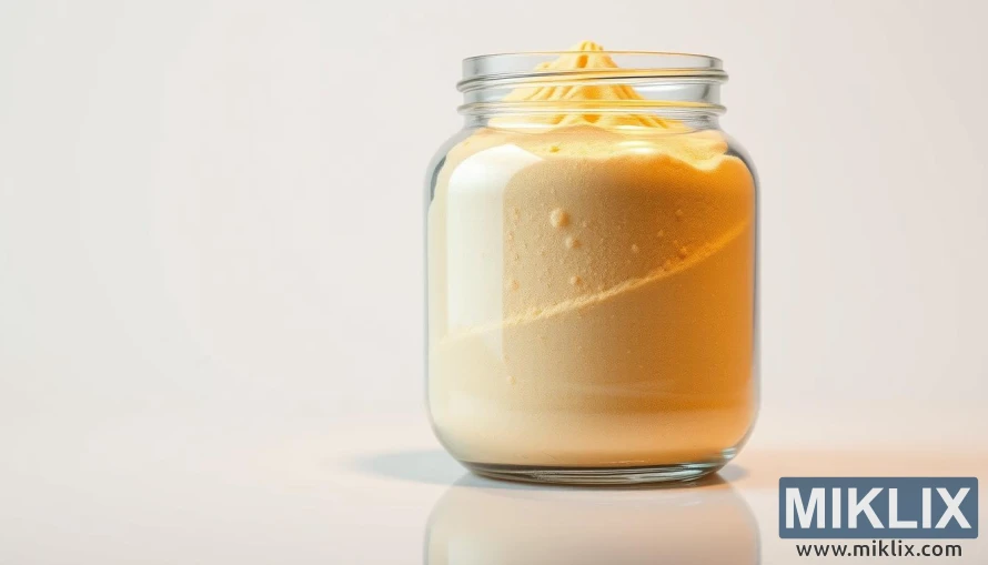 Barattolo di vetro pieno di proteine del siero del latte in polvere dorate su una superficie riflettente. Barattolo di vetro pieno di proteine del siero del latte in polvere dorate su una superficie riflettente.