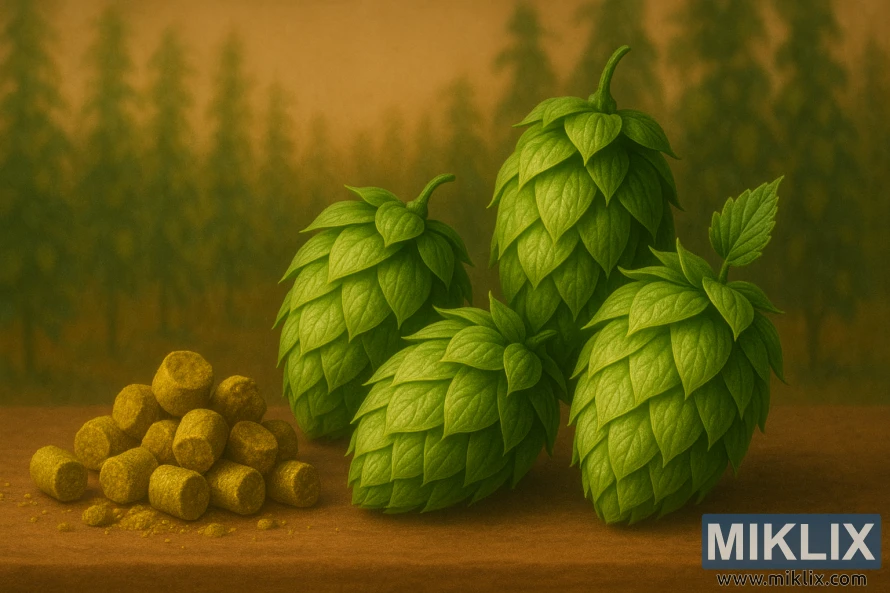 Illustrasjon av ferske Eureka humlekegler med gylne humlepellets i varmt lys mot en uskarp humlefeltbakgrunn.