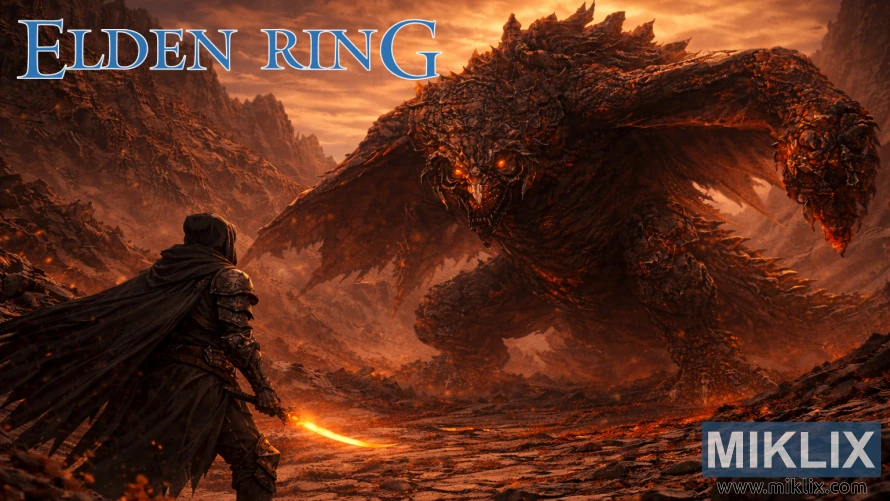 Umetnina oboževalca, na kateri se morilec Črni nož Elden Ringa sooča z Bayleom Strašnim v Jagged Peaku.