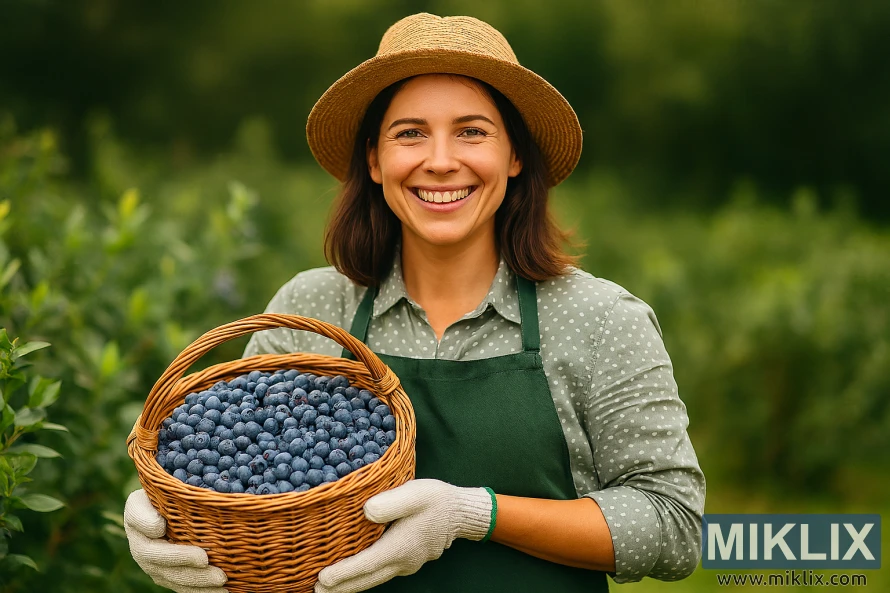Smiling female gardener holding a basket of ripe blueberries in a lush garden