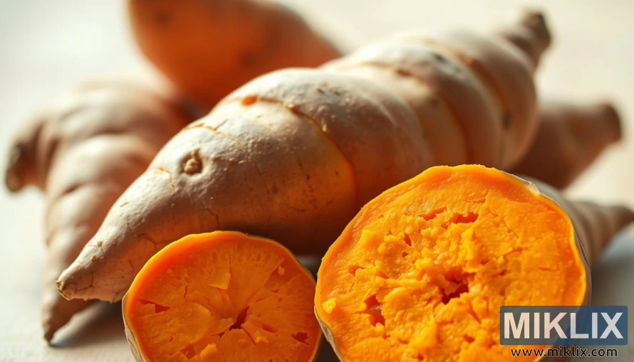 Close-up de batata-doce fresca com uma seção fatiada mostrando interior laranja rico. Close-up de batata-doce fresca com uma seção fatiada mostrando interior laranja rico.