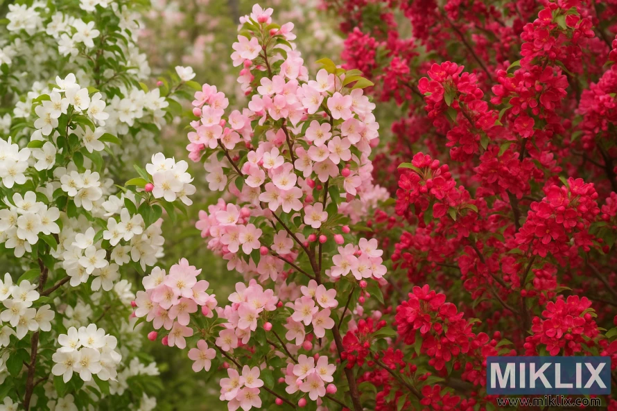 Three crabapple trees with white, pink, and red blossoms in spring bloom, surrounded by green foliage and soft natural light. Three crabapple trees with white, pink, and red blossoms in spring bloom, surrounded by green foliage and soft natural light.