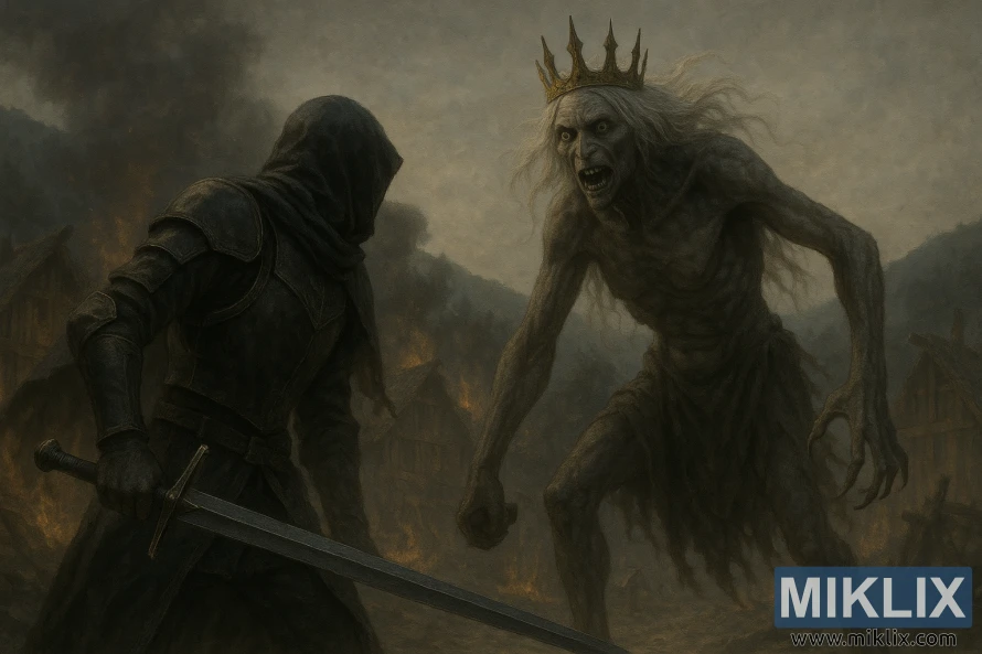 A dark, semi-realistic fantasy scene of the Tarnished facing the towering Demi-Human Queen Maggie amid the burning ruins of Hermit Village.