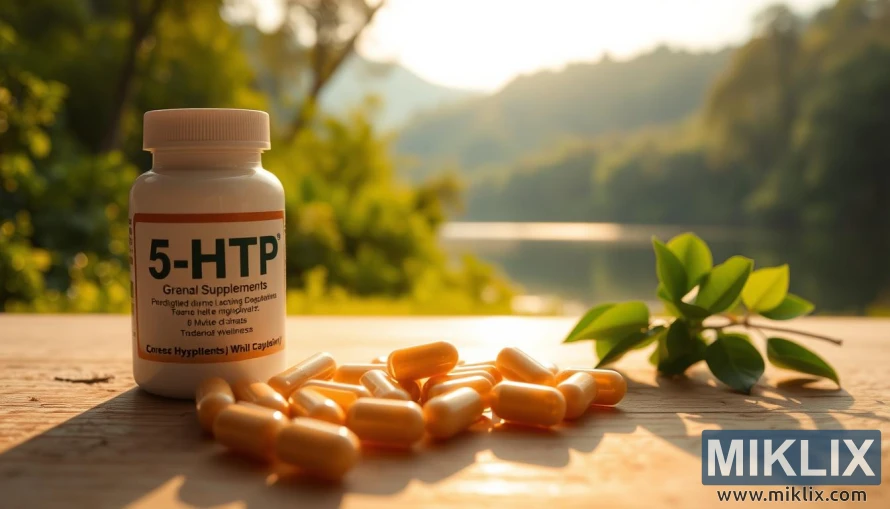 5-HTP कैप्सूल, कोमल प्रकाश में, पत्ते और पृष्ठभूमि में एक शांत झील के साथ।