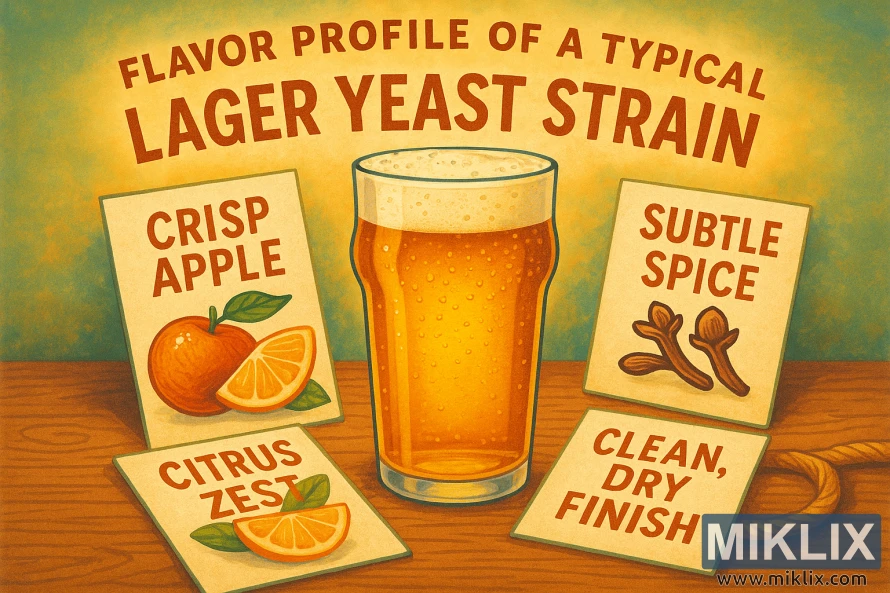 Illustrated lager yeast flavor profile poster with pint glass and tasting note cards.