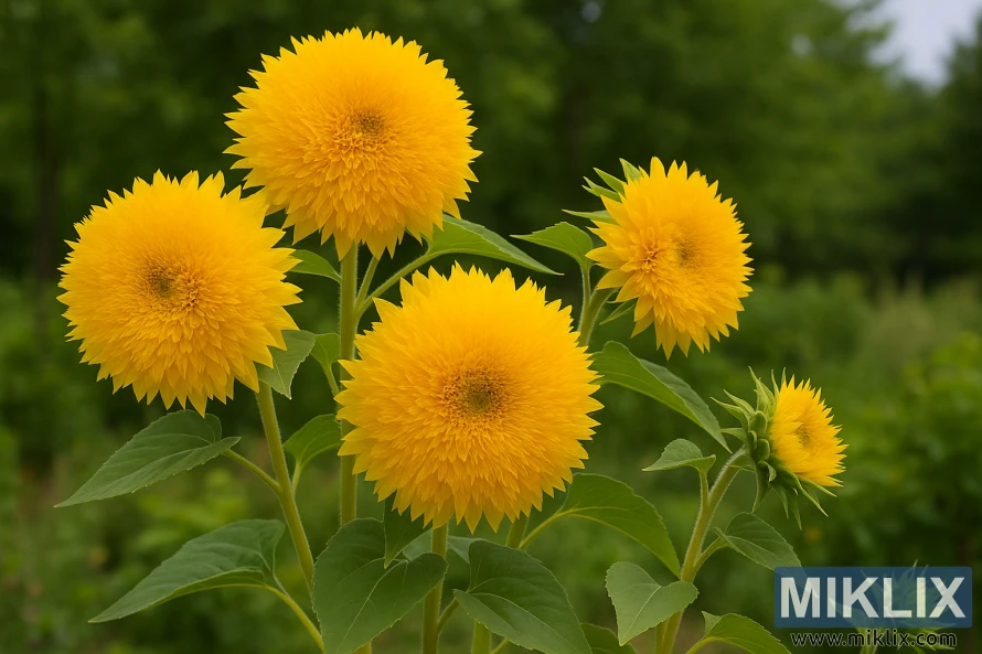 Nahaufnahme einer mehrstämmigen Goldy Honey Bear-Sonnenblume im Garten mit mehreren flauschigen, dicht gepackten goldenen Blüten und breiten grünen Blättern. Nahaufnahme einer mehrstämmigen Goldy Honey Bear-Sonnenblume im Garten mit mehreren flauschigen, dicht gepackten goldenen Blüten und breiten grünen Blättern.