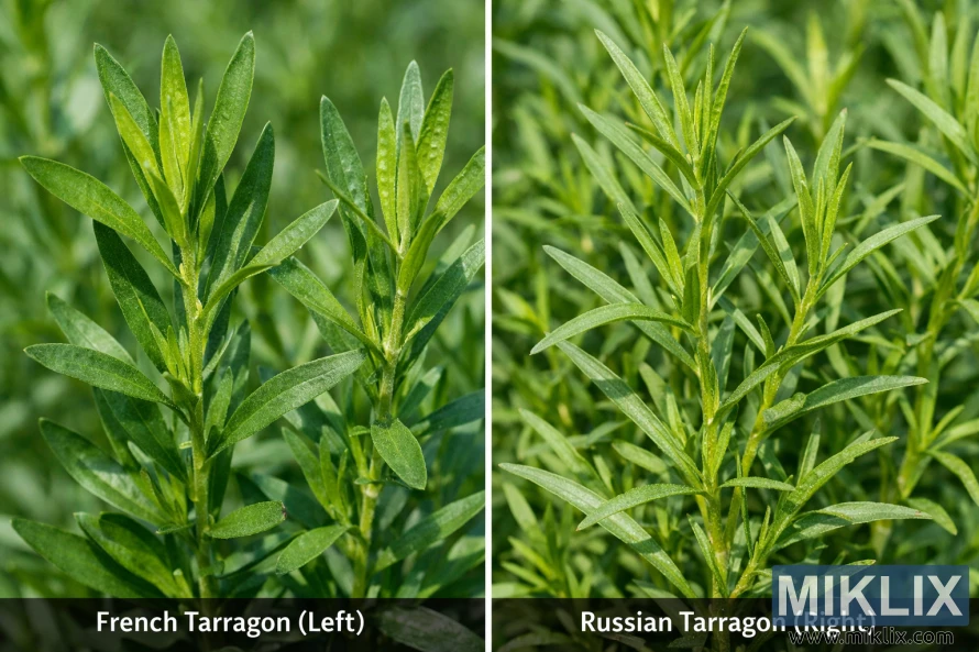 Side-by-side photograph comparing French tarragon on the left and Russian tarragon on the right, highlighting differences in leaf shape, size, and density.