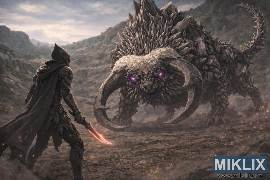 Anime-style illustration of a Tarnished in Black Knife armor facing a massive Fallingstar Beast in a rocky Hinterland landscape, moments before battle. Anime-style illustration of a Tarnished in Black Knife armor facing a massive Fallingstar Beast in a rocky Hinterland landscape, moments before battle.