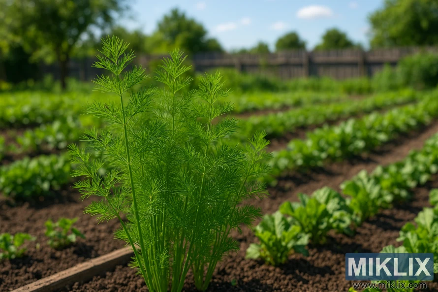 Fernleaf dill plants growing in a well-kept vegetable garden on a sunny summer day Fernleaf dill plants growing in a well-kept vegetable garden on a sunny summer day