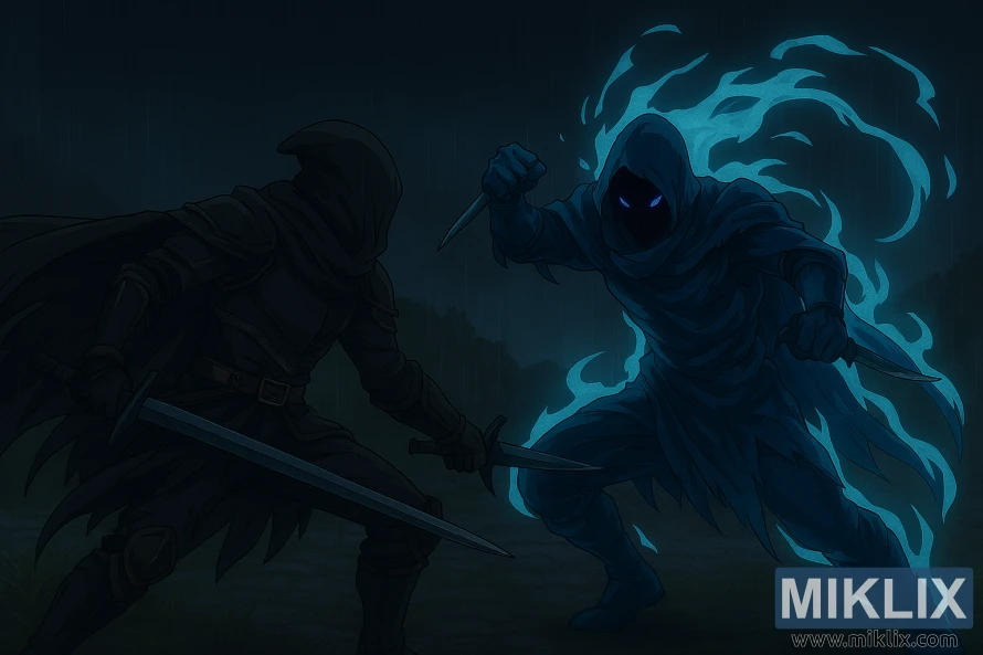 Аниме цртеж фанова Тарнишеда који витла мачем борећи се против Алекто са два бодежа у кишном окружењу Евергола