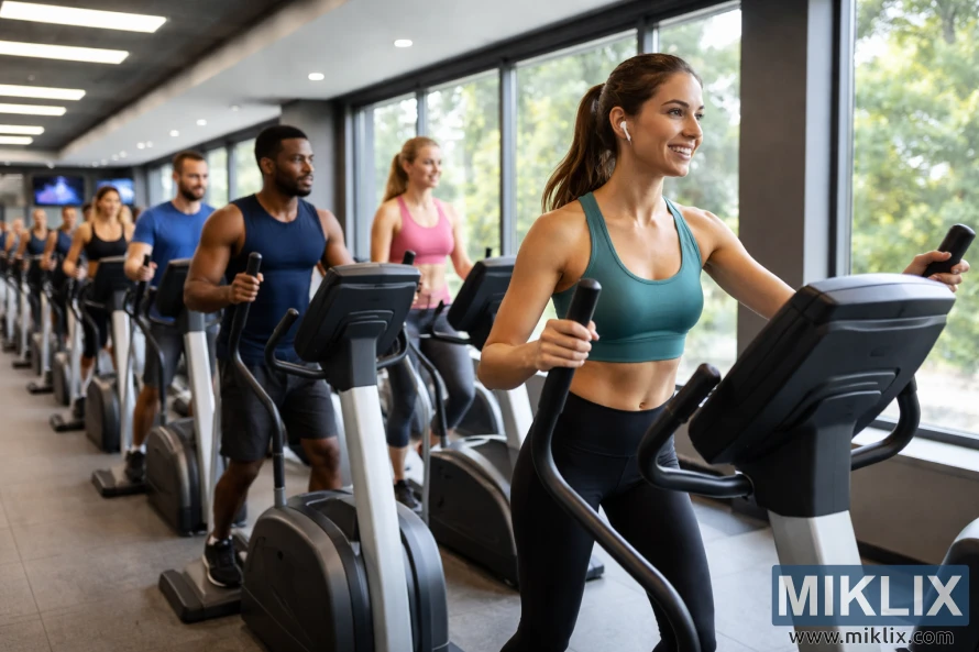 سورج کی روشنی میں، بڑی کھڑکیوں اور چیکنا کارڈیو آلات کے ساتھ جدید جم میں بیضوی مشینوں پر ورزش کرتے ہوئے لوگ۔