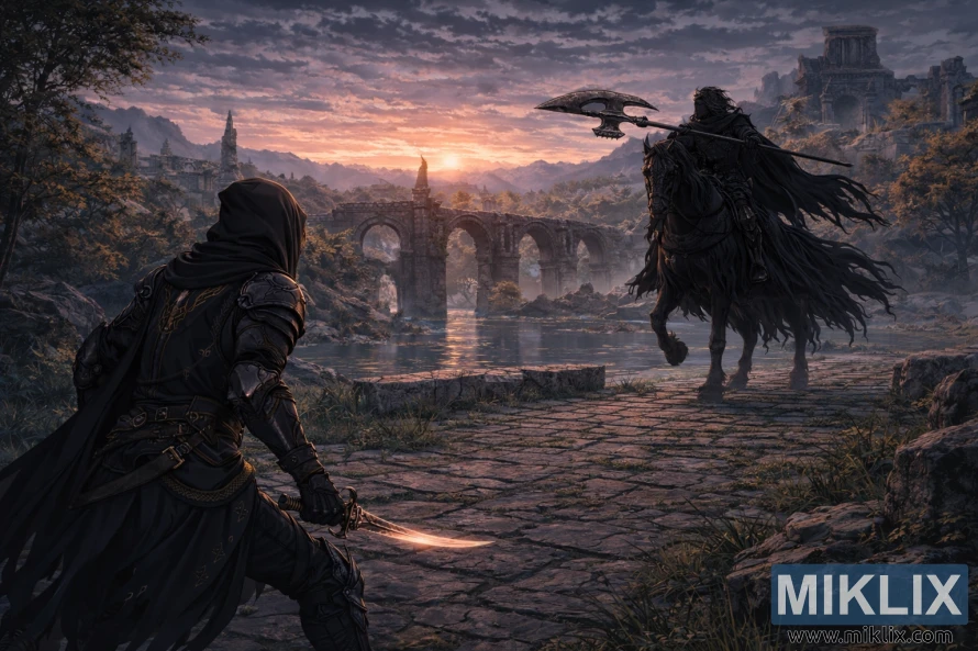 مشهد واسع بأسلوب الأنمي يظهر فيه المحاربون الملطخون بدروع السكاكين السوداء وهم يواجهون فرسان الليل على ظهور الخيل عند جسر بوابة المدينة قبل المعركة.