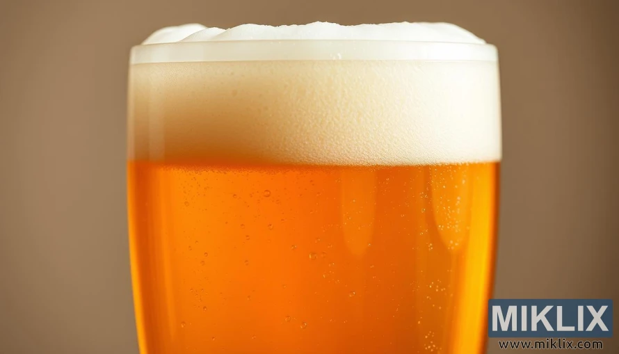 Gyldent glass øl med tykt kremaktig hode og varm glød som fremhever klarhet og skum.