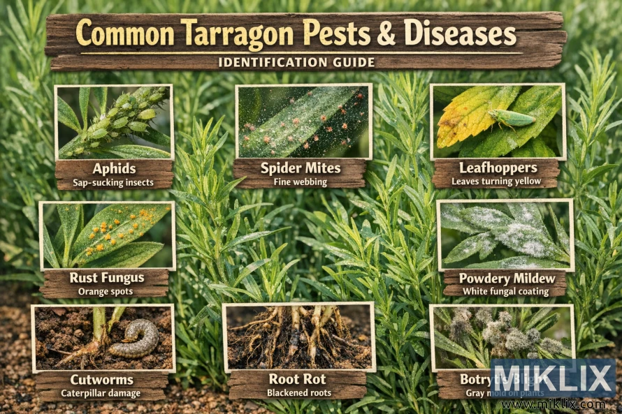 Landscape infographic showing common tarragon pests and diseases, including aphids, spider mites, leafhoppers, rust fungus, powdery mildew, cutworms, root rot, and botrytis blight, with labeled photos for identification.