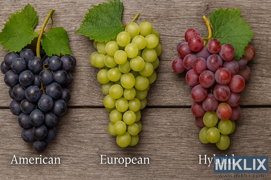 Three grape bunches labeled American, European, and Hybrid, arranged on rustic wood