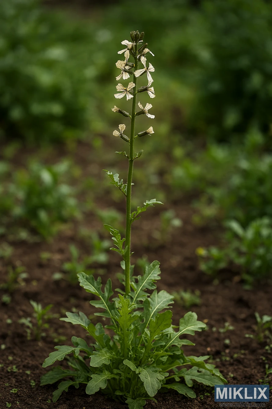 Tall arugula plant with flowering stem in garden soil
