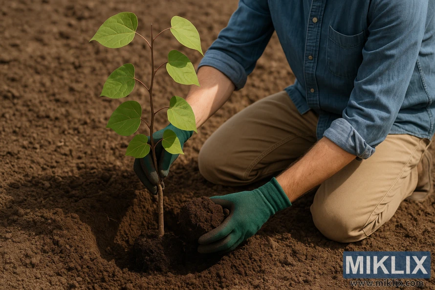 Человек в перчатках сажает молодое деревце багряника в рыхлую коричневую почву под мягким дневным светом. Человек в перчатках сажает молодое деревце багряника в рыхлую коричневую почву под мягким дневным светом.