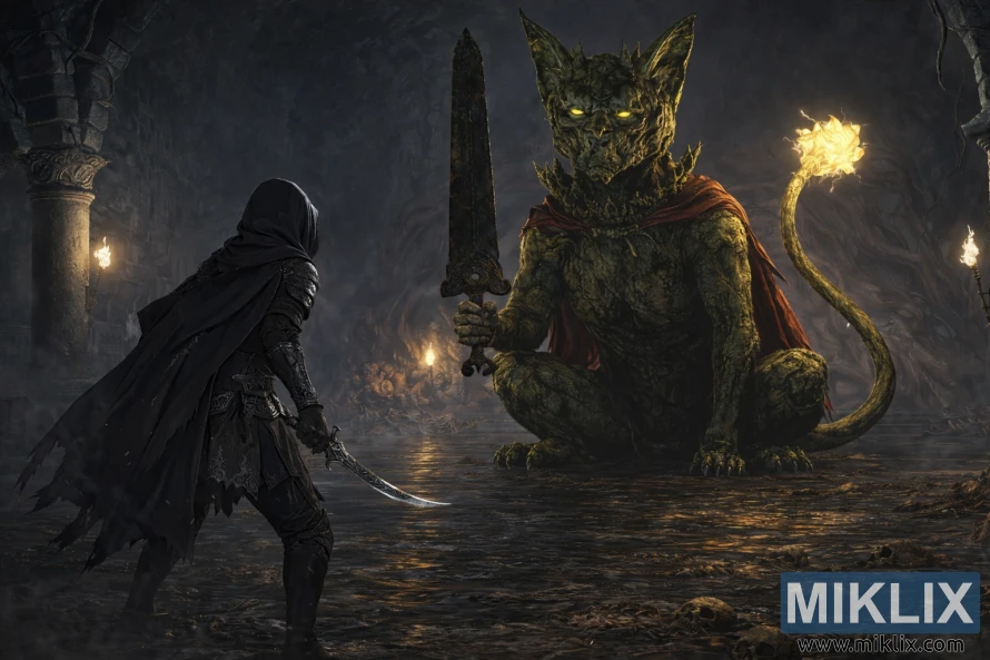 Anime style fan art of the Tarnished in Black Knife armor facing a gigantic seated Erdtree Burial Watchdog inside a dark flooded catacomb lit by torches.