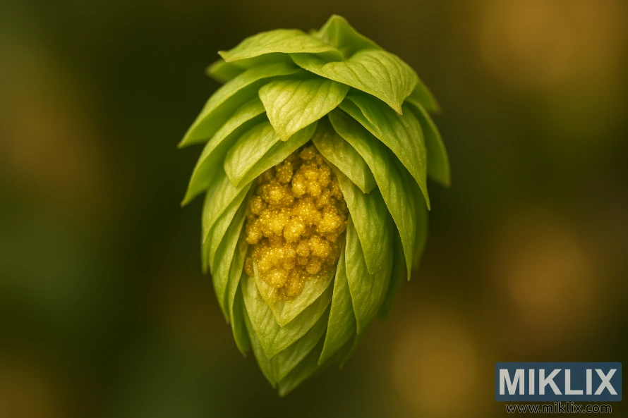 Макрофотографія свіжої зеленої шишки хмелю сорту Мандарина Баварія крупним планом із золотистими лупуліновими залозами та м’яко розмитим фоном. Макрофотографія свіжої зеленої шишки хмелю сорту Мандарина Баварія крупним планом із золотистими лупуліновими залозами та м’яко розмитим фоном.