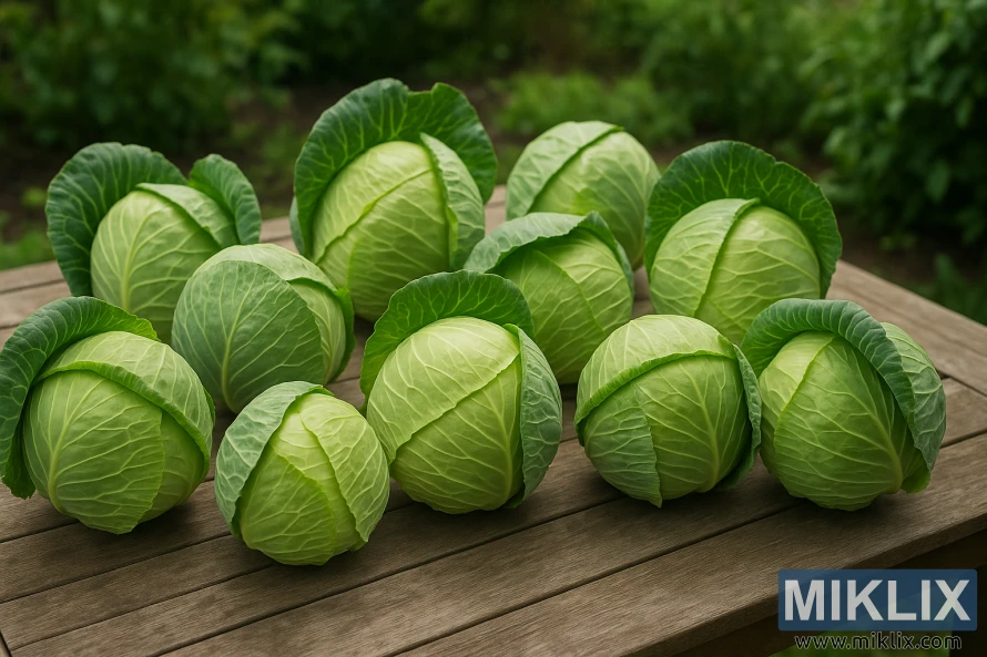 Svježe zelene glavice kupusa aranžirane na drvenom vrtnom stolu na otvorenom. Svježe zelene glavice kupusa aranžirane na drvenom vrtnom stolu na otvorenom.